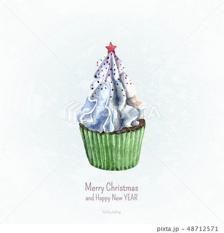 Watercolor cupcake. Christmas and New Year card 48712571