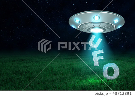3d rendering of a UFO at night above a green meadow with letters U-F-O falling down from its open 3d rendering of a UFO at night above a green meadow with letters U-F-O falling down from its open 48712891