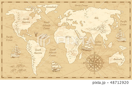 Vintage world map. Ancient world antiquity paper map with continents ocean sea old sailing vector 48712920
