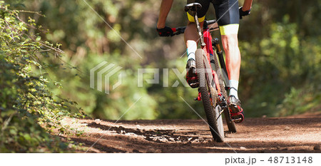 Mountain biker riding on bike singletrack trail 48713148