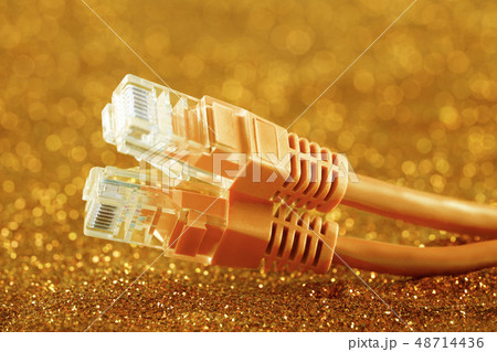 Two network cables over orange sparkles background 48714436