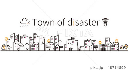 災害にあう3色の線画のマンションやビルと戸建ての街 黒基調のイラスト素材