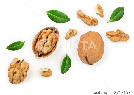 Walnuts with leaf isolated on white background. Top view. Flat lay Walnuts with leaf isolated on white background. Top view. Flat lay 48717153