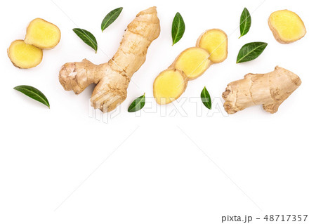 fresh Ginger root and slice isolated on white background with copy space for your text. Top view fresh Ginger root and slice isolated on white background with copy space for your text. Top view 48717357