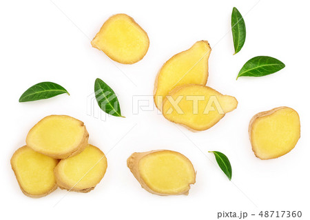 slices of fresh Ginger root with leaves isolated on white background. Top view. Flat lay 48717360