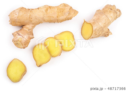 fresh Ginger root and slice isolated on white background with copy space for your text. Top view fresh Ginger root and slice isolated on white background with copy space for your text. Top view 48717366