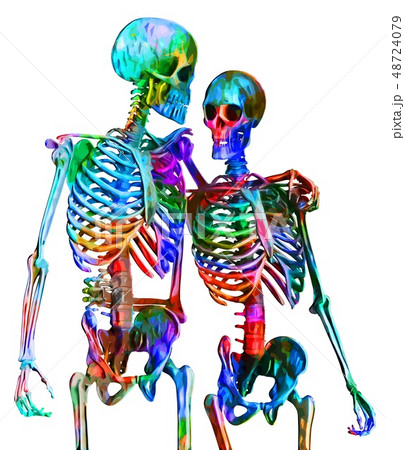 Skeletons of man and woman in the pose of lovers in multicolored abstract style illustration 48724079