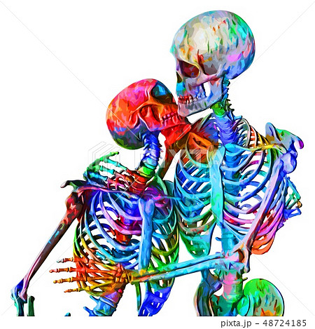 Skeletons of man and woman in the pose of lovers in multicolored abstract style illustration 48724185