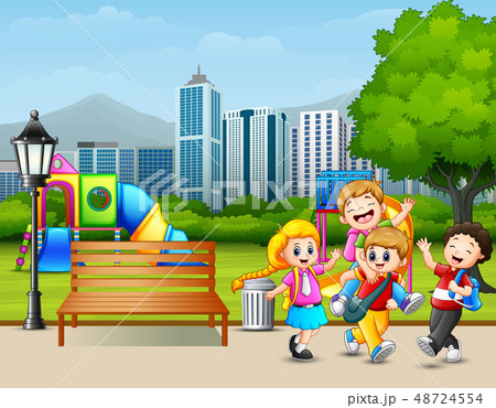 Cartoon happy children playing in the city park Cartoon happy children playing in the city park 48724554