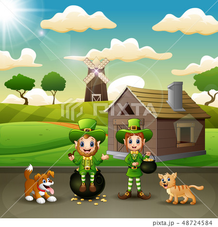 Happy leprechaun with a pot of gold on the farm 48724584