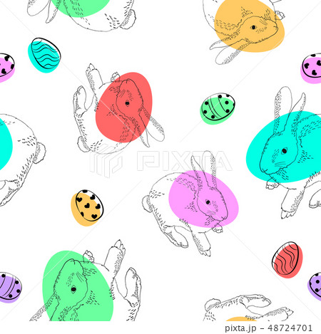 hand drawn hares with colorful eggs  48724701