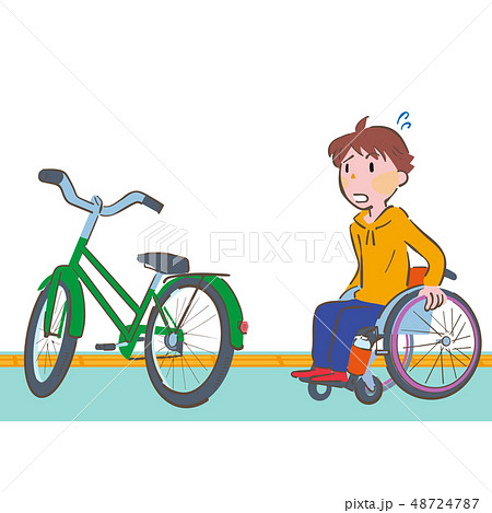 車椅子の男性が歩道に置かれている自転車が障害になって進めず困っているイラストのイラスト素材