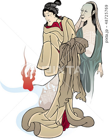 昔ばなしの戯猫又年とへて古寺に怪をなす図　女性とおばけ 48725769