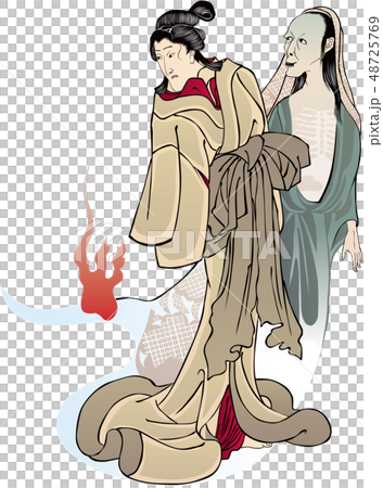 昔ばなしの戯猫又年とへて古寺に怪をなす図　女性とおばけ 48725769