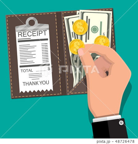 Leather folder with cash, coins and cashier check. 48726478