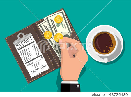 Folder with cash coins, cashier check. Coffee cup 48726480