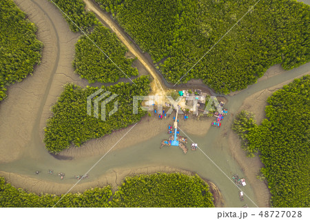 aerial top view Baan Hinrom pier in mangrove aerial top view Baan Hinrom pier in mangrove 48727028