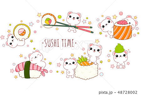 Cute polar bears with japanese sushi and rolls 48728002