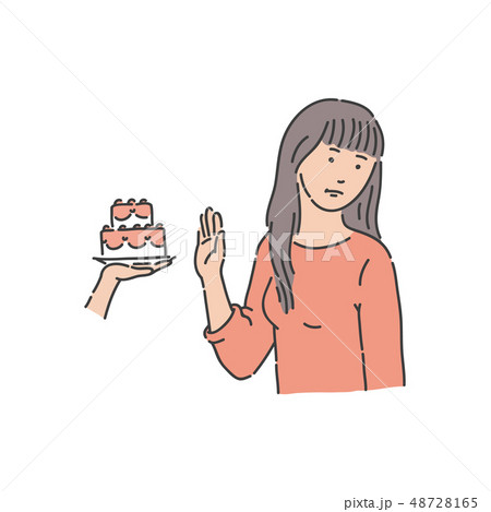 Vector redhead woman refuses to eat piece of cake 48728165