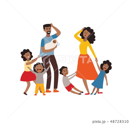 Vector parenting problem big family tired parents Vector parenting problem big family tired parents 48728310