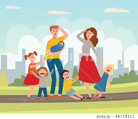 Vector parenting problem big family tired parents 48728311