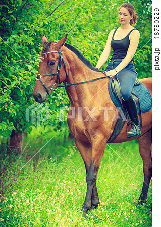 Young woman sitting on a horse Young woman sitting on a horse 48730229