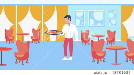 waiter holding plate with hot pizza restaurant hospitality staff modern cafe interior horizontal 48731682