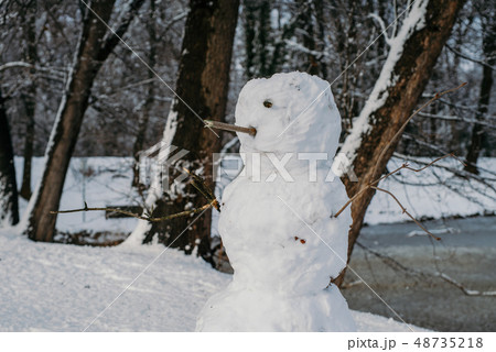 Snowman On Footpath By Frozen Lake 48735218