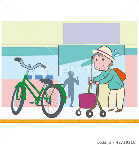 シルバーカーを押すおばあちゃんが自転車が障害になって進めず困っているイラスト 48739316