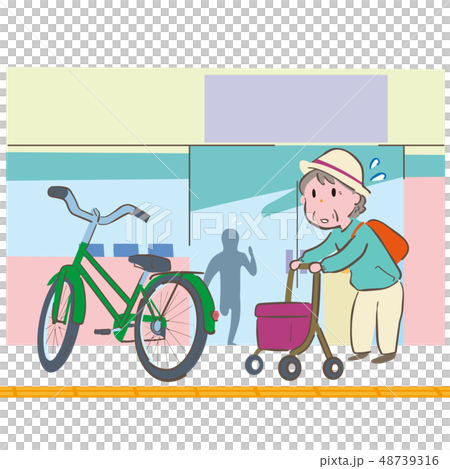 シルバーカーを押すおばあちゃんが自転車が障害になって進めず困っているイラスト 48739316