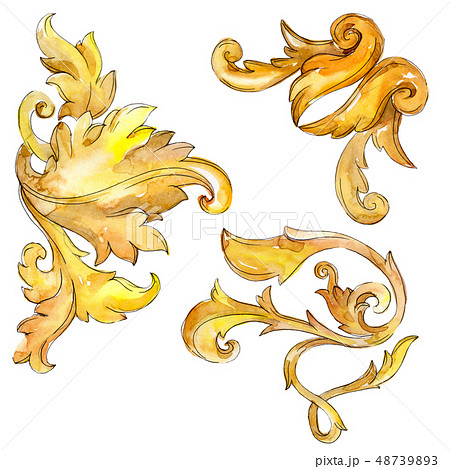 Gold monogram floral ornament. Baroque design isolated elements. Watercolor background illustration 48739893