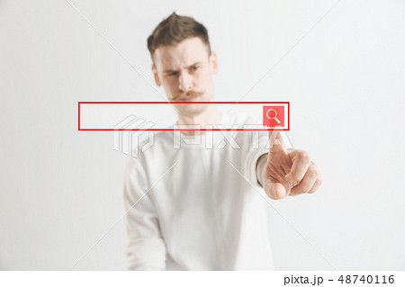 Businessman hand touching empty virtual screen Businessman hand touching empty virtual screen 48740116