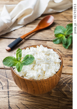 Homemade cottage cheese with mint in a bowl  48745053