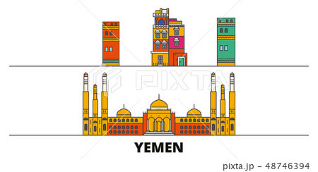 Yemen, Sanaa flat landmarks vector illustration. Yemen, Sanaa line city with famous travel sights 48746394