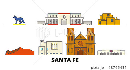 United States, Santa Fe flat landmarks vector illustration. United States, Santa Fe line city with United States, Santa Fe flat landmarks vector illustration. United States, Santa Fe line city with 48746455