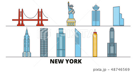 United States, New York City flat landmarks vector illustration. United States, New York City line United States, New York City flat landmarks vector illustration. United States, New York City line 48746569