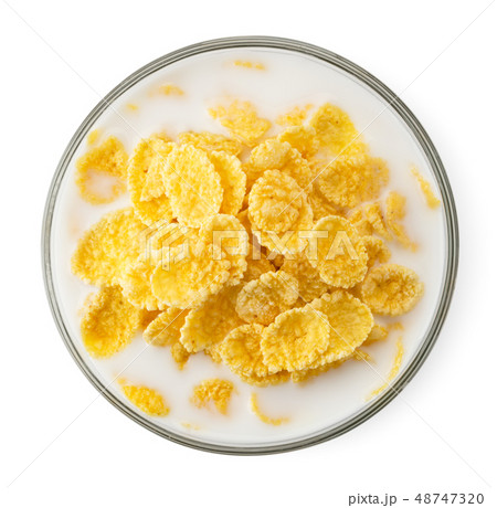 Cornflakes with milk in a plate on a white. The Cornflakes with milk in a plate on a white. The 48747320
