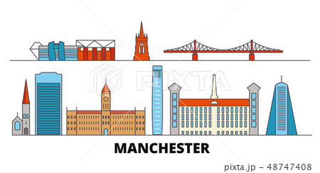 United Kingdom, Manchester flat landmarks vector illustration. United Kingdom, Manchester line city United Kingdom, Manchester flat landmarks vector illustration. United Kingdom, Manchester line city 48747408