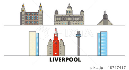 United Kingdom, Liverpool flat landmarks vector illustration. United Kingdom, Liverpool line city United Kingdom, Liverpool flat landmarks vector illustration. United Kingdom, Liverpool line city 48747417