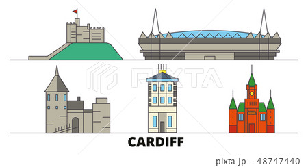 United Kingdom, Cardiff flat landmarks vector illustration. United Kingdom, Cardiff line city with United Kingdom, Cardiff flat landmarks vector illustration. United Kingdom, Cardiff line city with 48747440