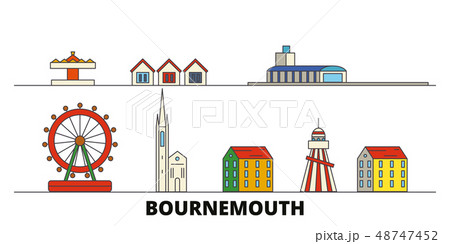United Kingdom, Bournemouth flat landmarks vector illustration. United Kingdom, Bournemouth line United Kingdom, Bournemouth flat landmarks vector illustration. United Kingdom, Bournemouth line 48747452