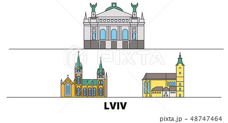 Ukraine, Lviv flat landmarks vector illustration. Ukraine, Lviv line city with famous travel sights Ukraine, Lviv flat landmarks vector illustration. Ukraine, Lviv line city with famous travel sights 48747464