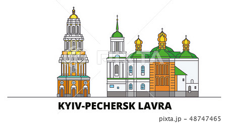 Ukraine, Kyiv, Pechersk Lavra flat landmarks vector illustration. Ukraine, Kyiv, Pechersk Lavra line Ukraine, Kyiv, Pechersk Lavra flat landmarks vector illustration. Ukraine, Kyiv, Pechersk Lavra line 48747465