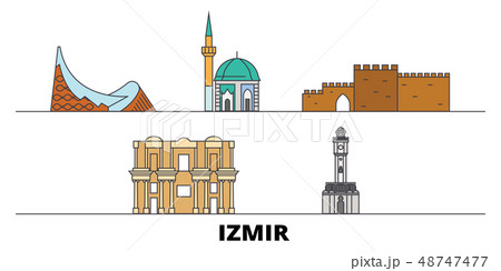 Turkey, Izmir flat landmarks vector illustration. Turkey, Izmir line city with famous travel sights 48747477