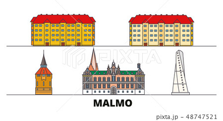 Sweden, Malmo flat landmarks vector illustration. Sweden, Malmo line city with famous travel sights 48747521