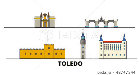 Spain, Toledo flat landmarks vector illustration. Spain, Toledo line city with famous travel sights 48747544