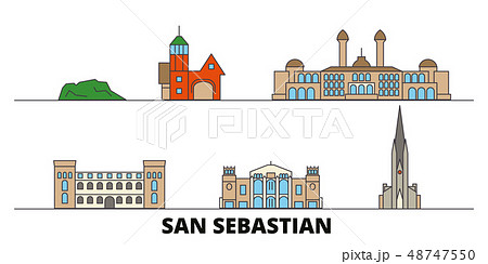 Spain, San Sebastian flat landmarks vector illustration. Spain, San Sebastian line city with famous 48747550