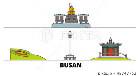South Korea, Busan flat landmarks vector illustration. South Korea, Busan line city with famous 48747752