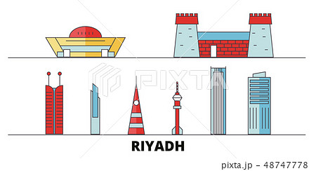 Saudi Arabia, Riyadh flat landmarks vector illustration. Saudi Arabia, Riyadh line city with famous 48747778