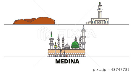 Saudi Arabia, Medina flat landmarks vector illustration. Saudi Arabia, Medina line city with famous 48747785